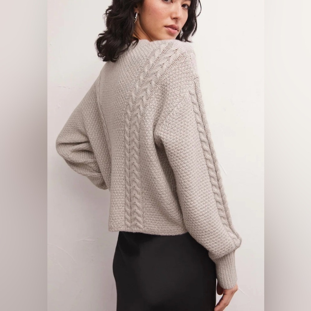 Z Supply Eternal Metallic Light Gray Cable Knit Sweater, Crew Neck, Holiday, XS - Picture 3 of 16